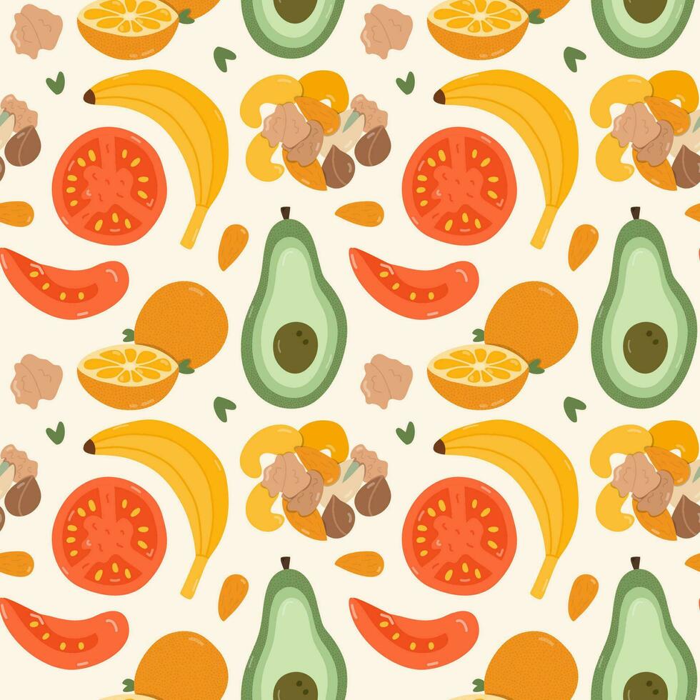 Cute and colorful vector seamless hand drawn pattern with healthy and organic food - avocado, banana, orange, nuts, tomato. Can be used for wrapping paper, bedclothes, notebook, packages, gift paper.