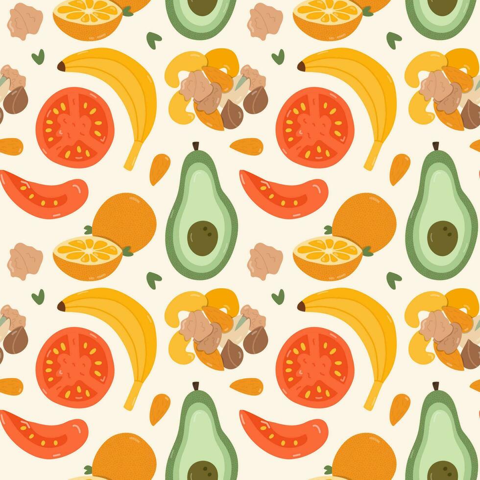 linda y vistoso vector sin costura mano dibujado modelo con sano y orgánico comida - palta, banana, naranja, nueces, tomate. lata ser usado para envase papel, ropa de cama, computadora portátil, paquetes, regalo papel.