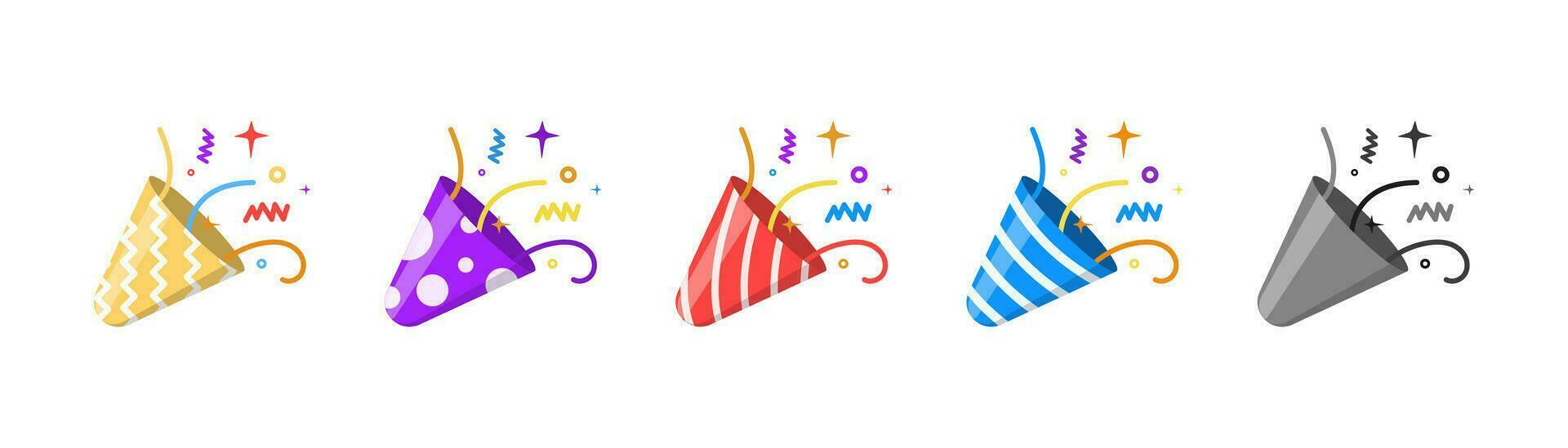 Party popper icons. Bright cartoon birthday cracker. Confetti for parties and holidays vector