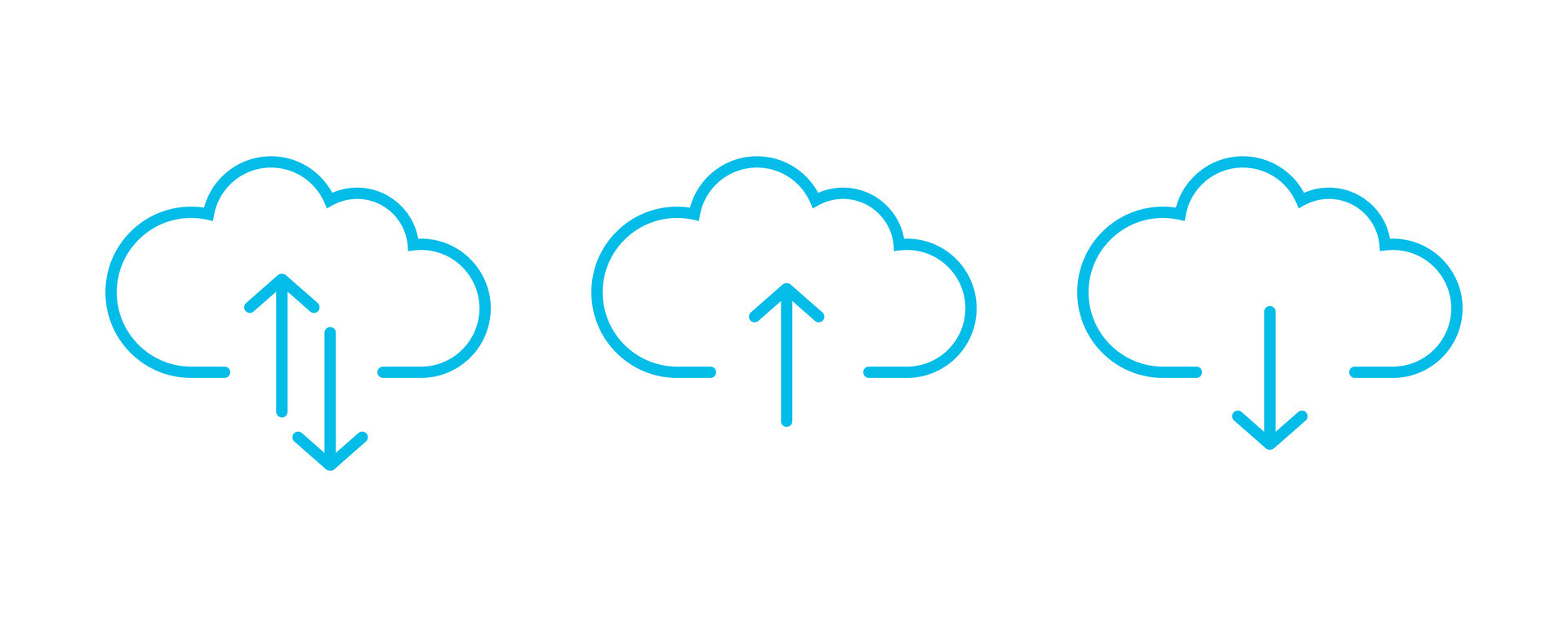 Blue cloud with arrow icon set. Collection cloud with arrow line icon