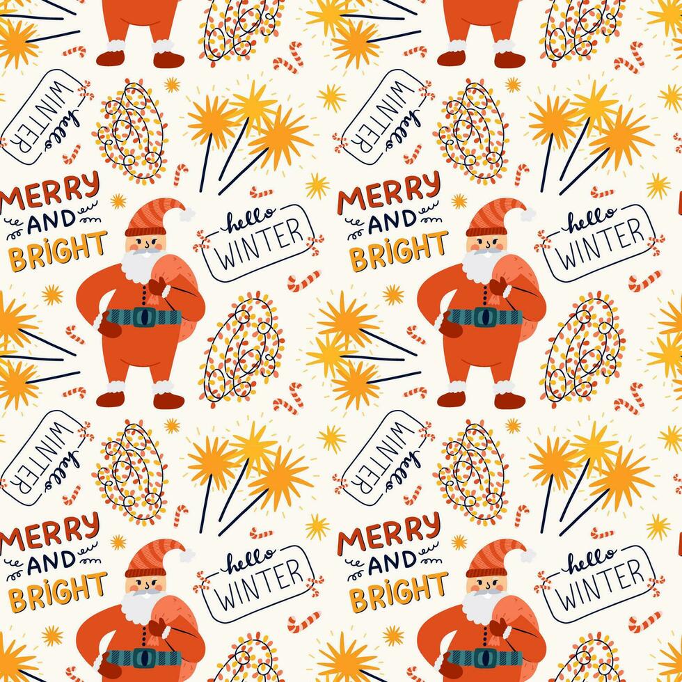 Cute Christmas seamless pattern with vector hand drawn holiday illustrations of Santa Claus, sparkles, lettering, garland. Can be used for wrapping paper, bedclothes, notebook, packages, gift paper.