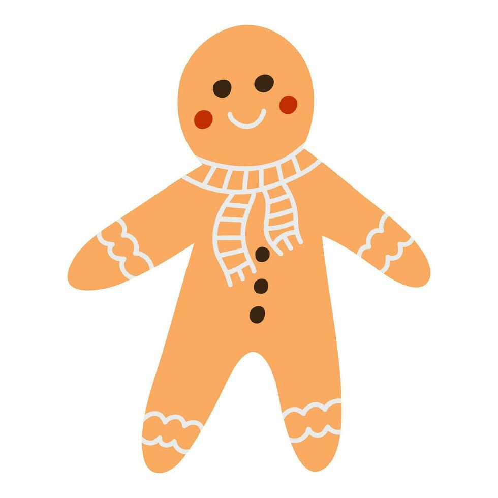 linda mano dibujado pan de jengibre hombre con el bufanda y botones. vector aislado estilizado clipart. fiesta Galleta. concepto de Navidad, nuevo año, día festivo, invierno. tradicional dulce Navidad jengibre galleta.