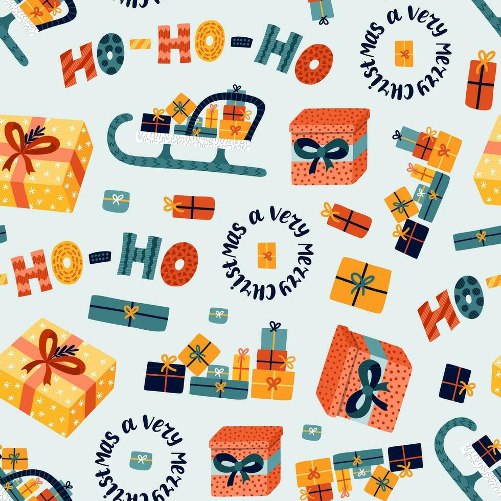 Cute Christmas seamless pattern with vector hand drawn holiday illustrations of different wrapped gift boxes, present, winter lettering. Can be used for wrapping paper, bedclothes, notebook, packages