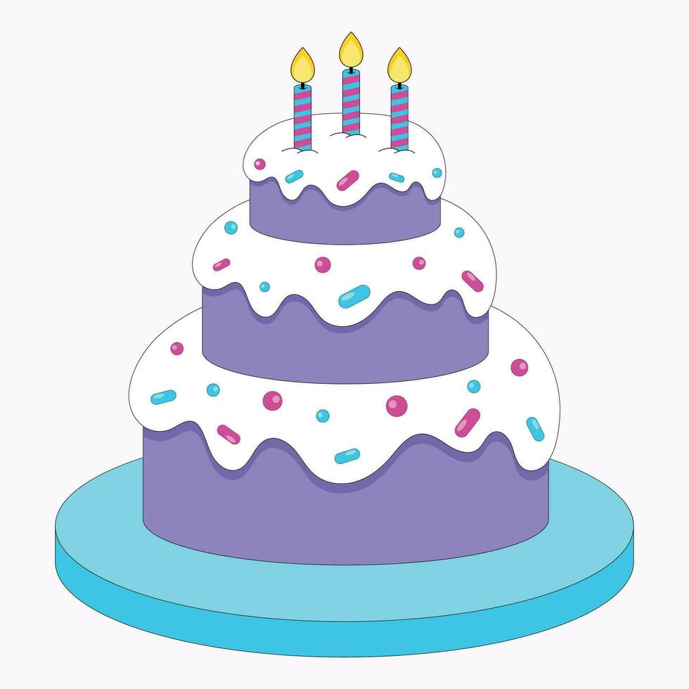 cumpleaños pastel con Tres capas y velas en un lámina. vector