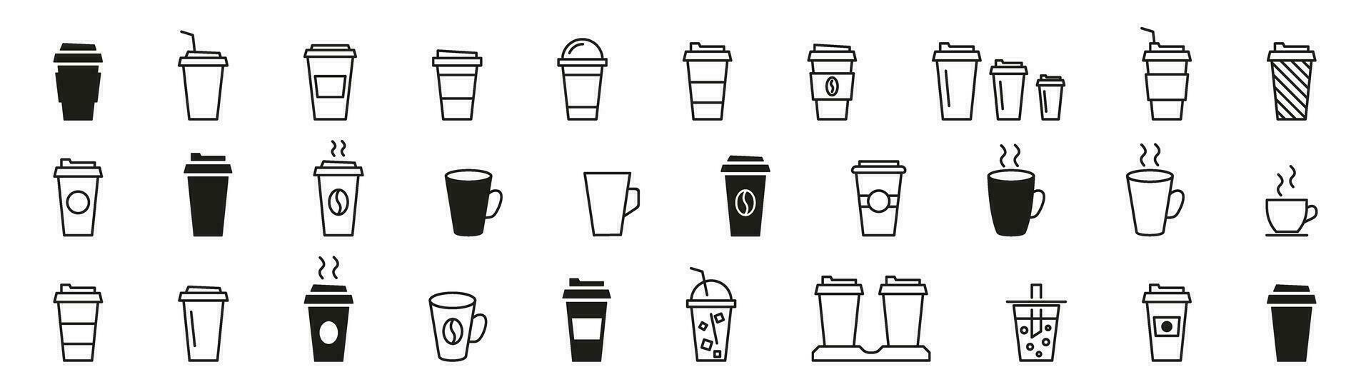 Coffee cup icon set. Linear and silhouette style. Vector illustration.