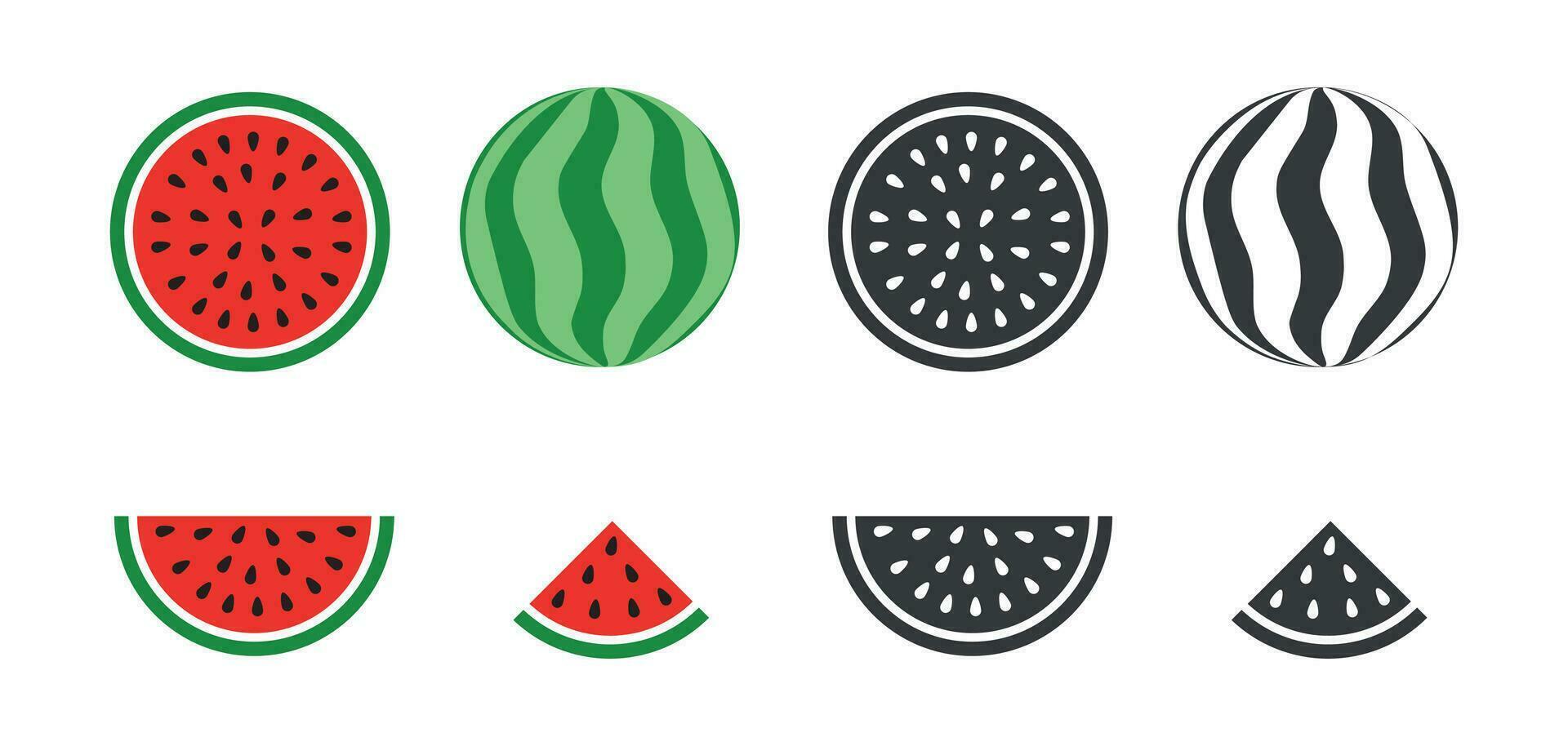 Fresh and juicy whole watermelons and slices. Vector illustration