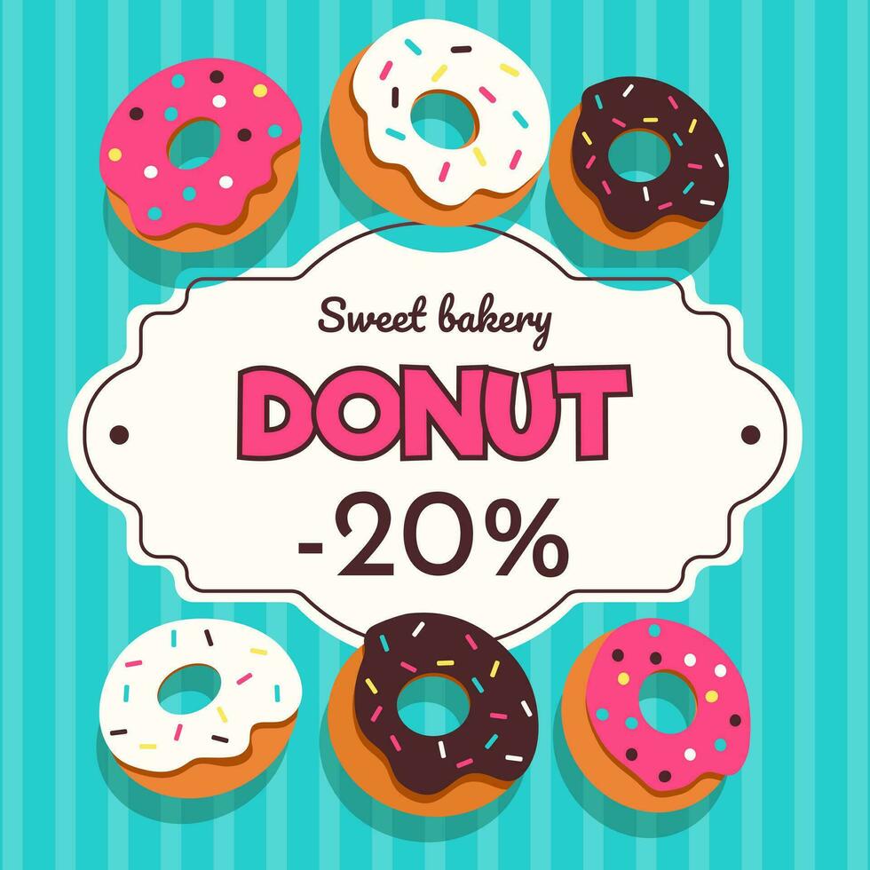 confeccionado panadería póster modelo con vistoso dibujos animados estilo rosquillas en brillante rosa, azul y marrón sombras para descuento publicidad. vector