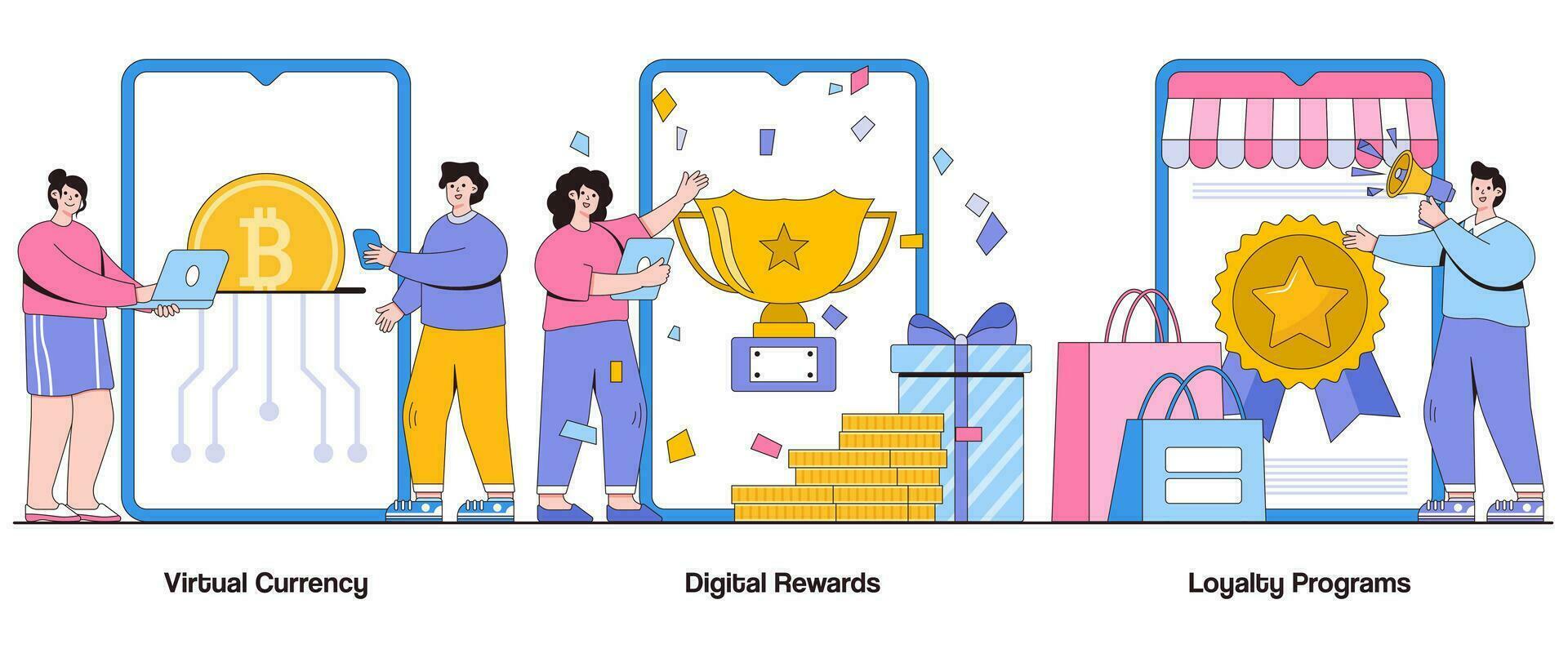 Virtual Currency, Digital Rewards, Loyalty Programs Concept with Character. Digital Incentives Abstract Vector Illustration Set. Recognition, Loyalty, Digital Value Exchange Metaphor