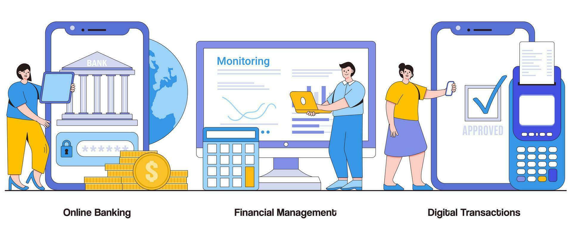 Online Banking, Financial Management, Digital Transactions Concept with Character. Digital Finance Abstract Vector Illustration Set. Convenience, Security, Financial Empowerment Metaphor