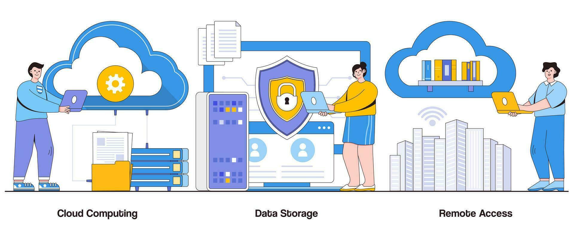 Cloud Computing, Data Storage, Remote Access Concept with Character. Digital Infrastructure Abstract Vector Illustration Set. Scalability, Efficiency, Flexible Solutions Metaphor