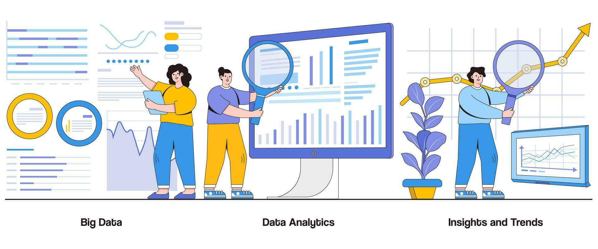 Big Data, Data Analytics, Insights and Trends Concept with Character. Data-Driven Decisions Abstract Vector Illustration Set. Information, Analysis, Business Intelligence Metaphor