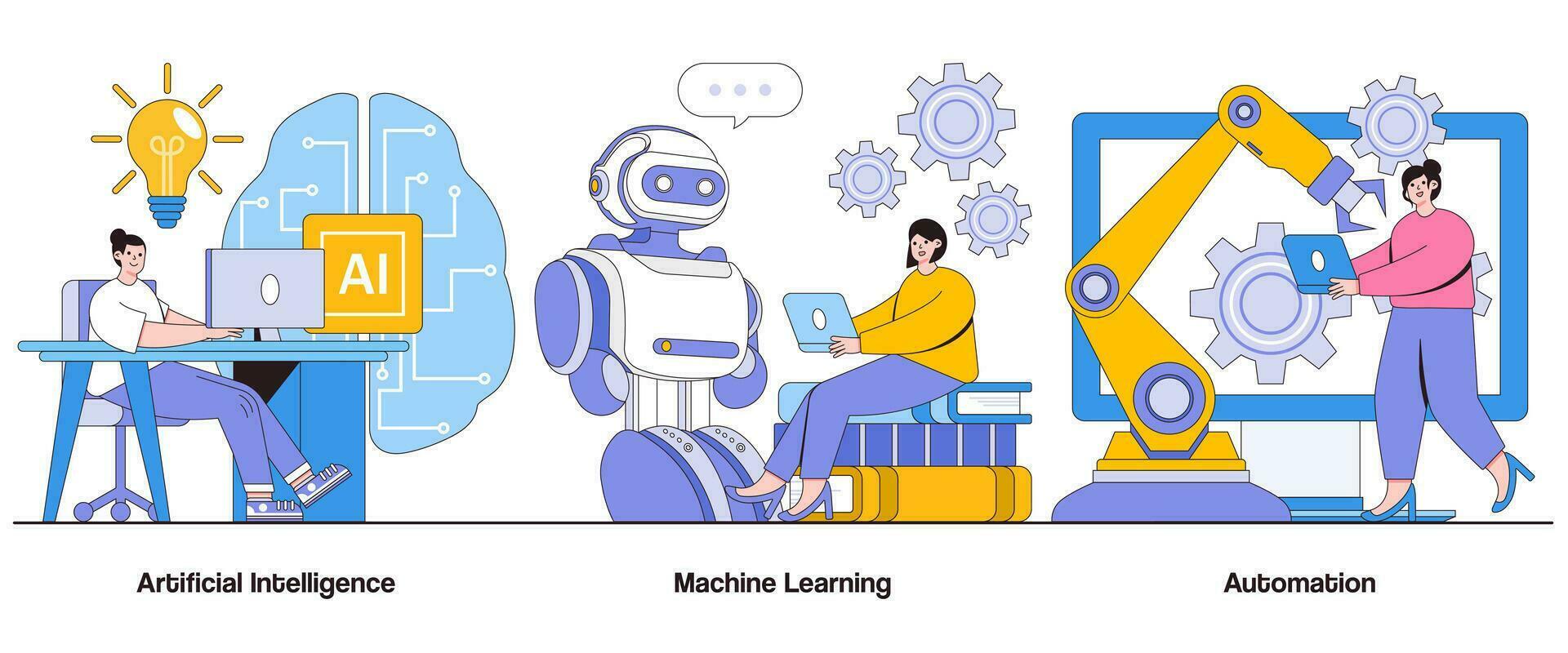 artificial inteligencia, máquina aprendiendo, automatización concepto con personaje. inteligente tecnología resumen vector ilustración colocar. eficiencia, innovación, inteligencia metáfora