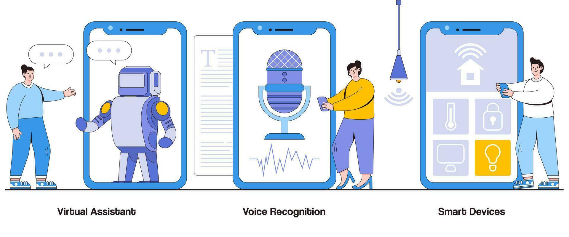 virtual asistente, voz reconocimiento, inteligente dispositivos concepto con personaje. digital compañeros resumen vector ilustración colocar. conveniencia, eficiencia, voz activada controlar metáfora