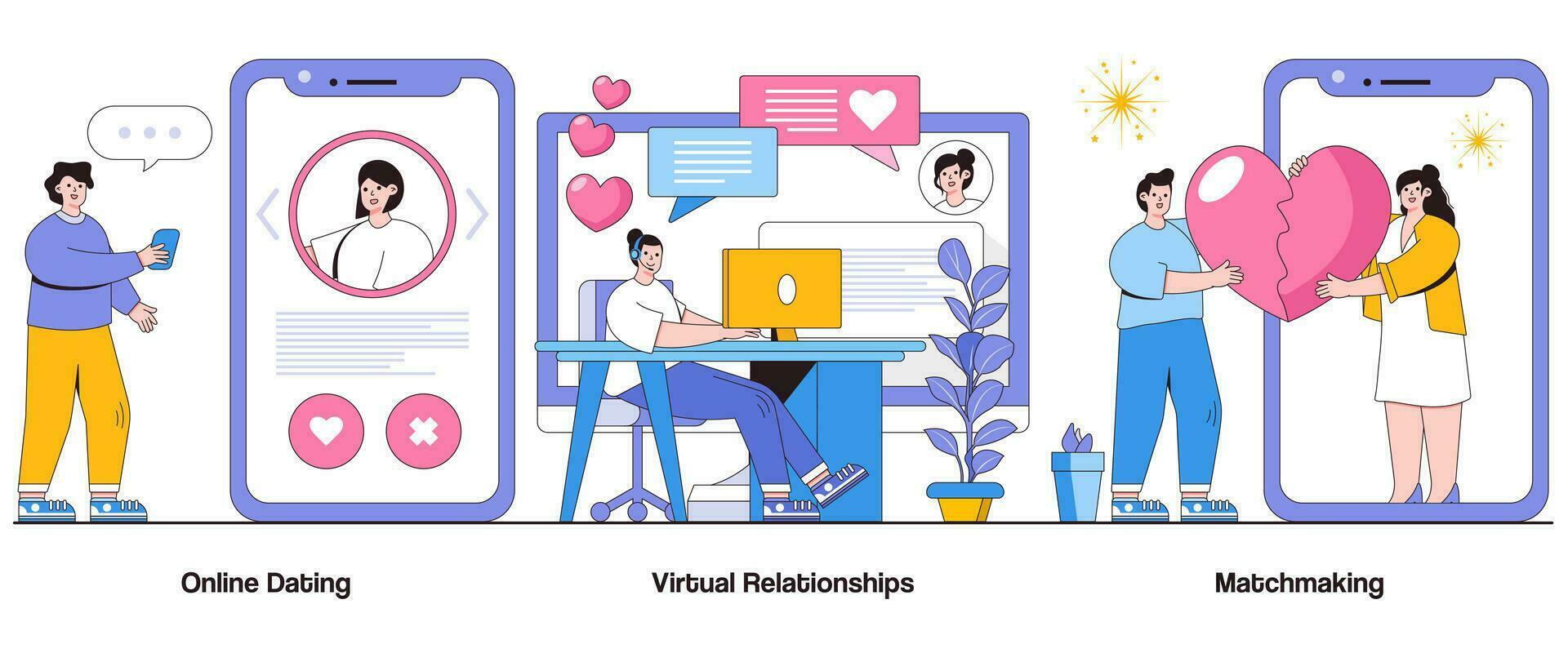 en línea tener una cita, virtual relaciones, casamentero concepto con personaje. digital romance resumen vector ilustración colocar. conexiones, química, amor en el digital años metáfora