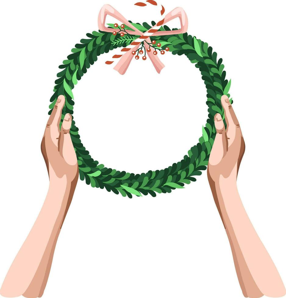 Christmas wreath in hands. Perfect for greeting postcards and invitations. Xmas and happy new year. Vector. vector