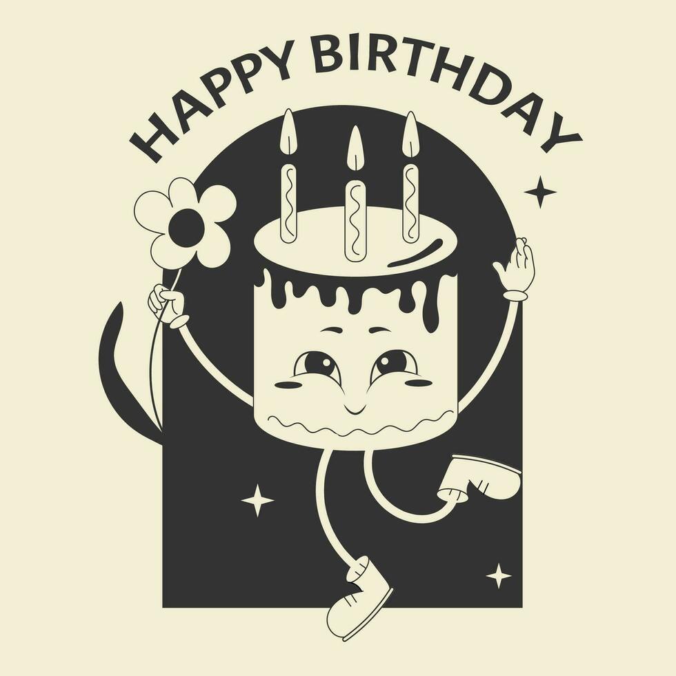 Retro black cake with funny face and candles. Cute groovy character with flower. Happy Birthday. vector