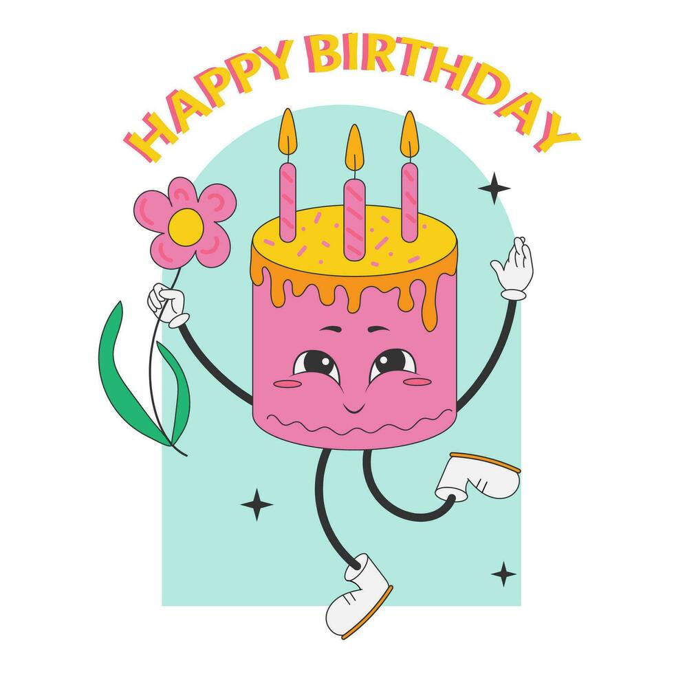 Groovy cake with funny face and candles. Cute retro character with flower. Happy Birthday. vector