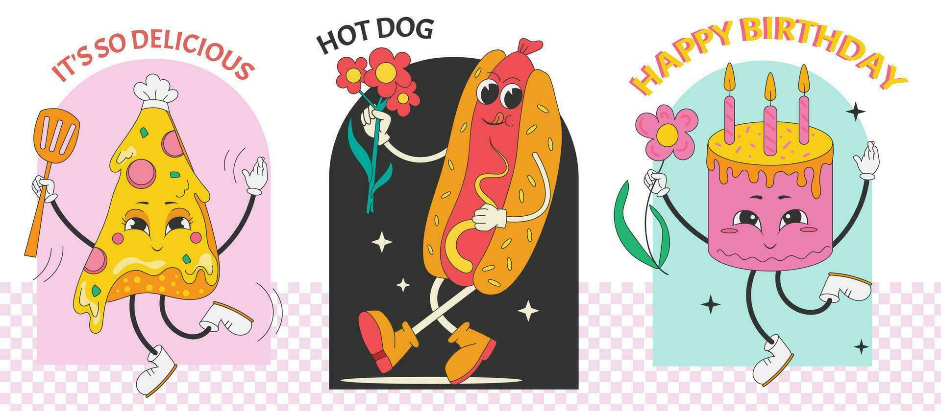 Set of fast food characters. Pink cake sticker with flowers. Flyir with groovy slice of pizza with cheese. Hot Dog cartoon style vector