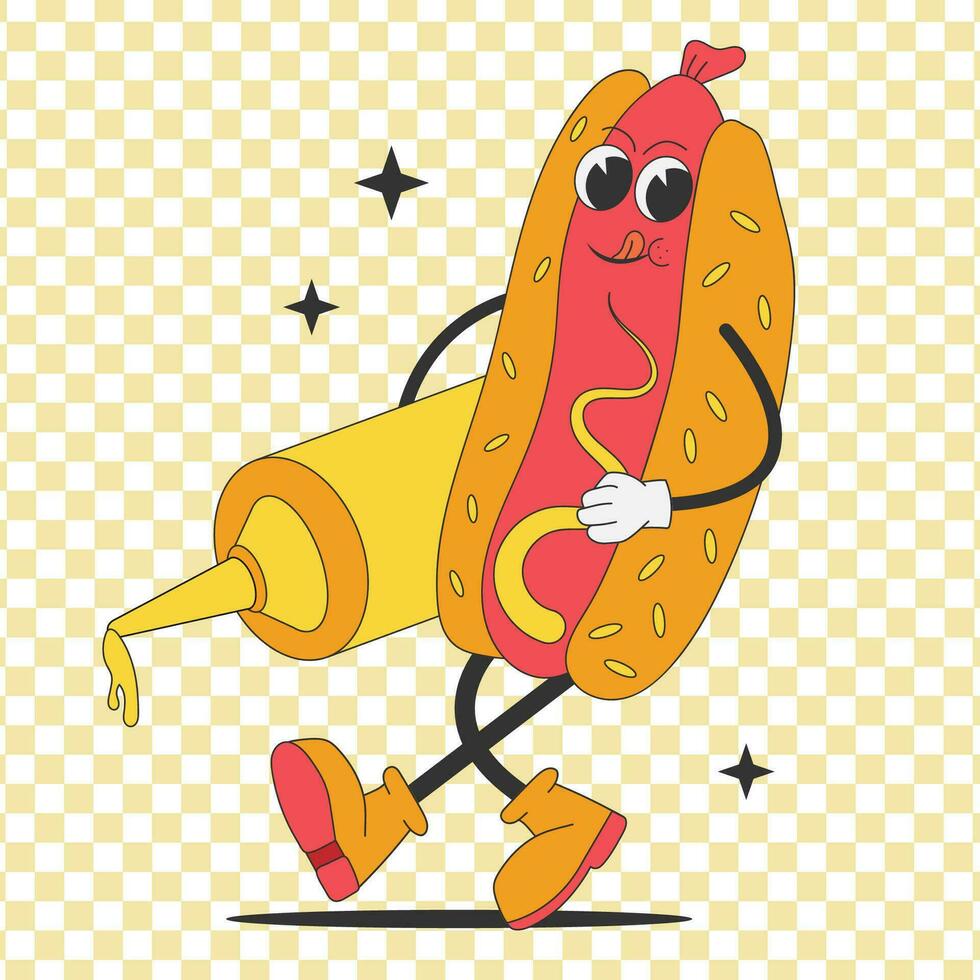 Groovy funny Hot Dog with mastard cartoon style. Retro sausage character. vector