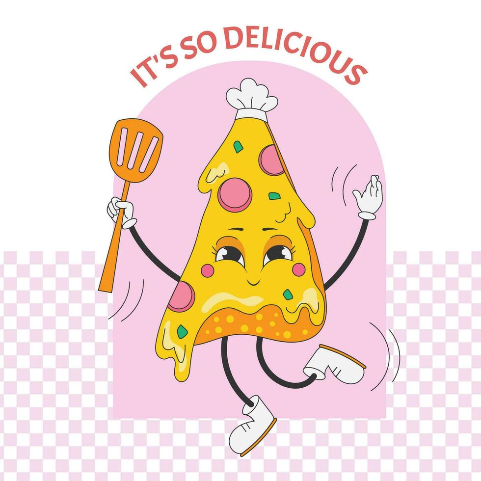 Flyir with groovy slice of pizza with cheese. Happy and cheerful emotions. Smiled character. Trendy illustration in retro style. vector