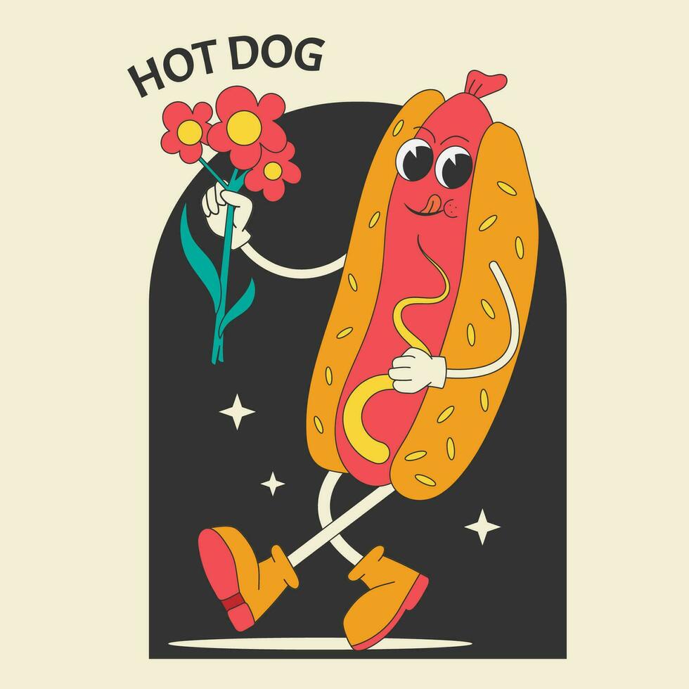 Groovy funny Hot Dog with flower cartoon style. Retro sticker with sausage character. vector