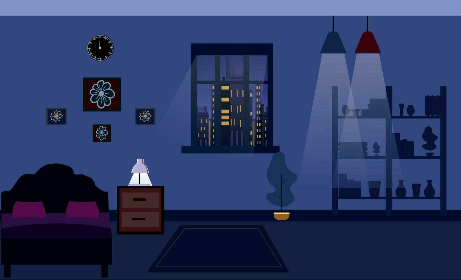 Vector room design sofa, bookcase, picture. Living room interior.Flat style vector illustration.
