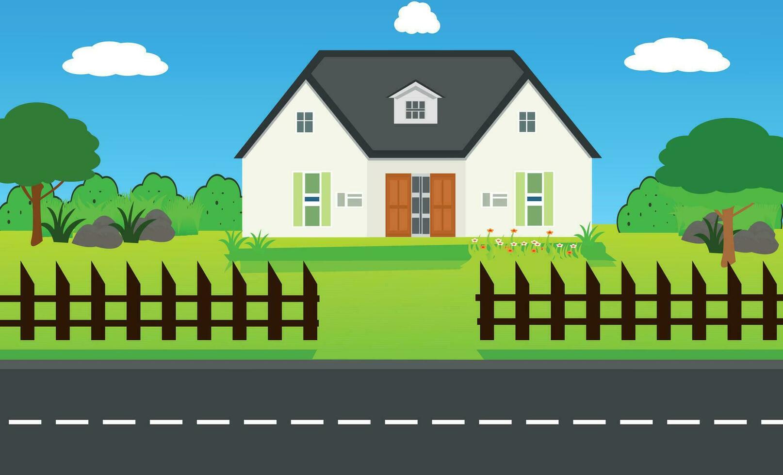 Suburban houses, street with cottages with garages. A street of houses with green trees and a road in perspective. Village. Vector illustration in cartoon style.