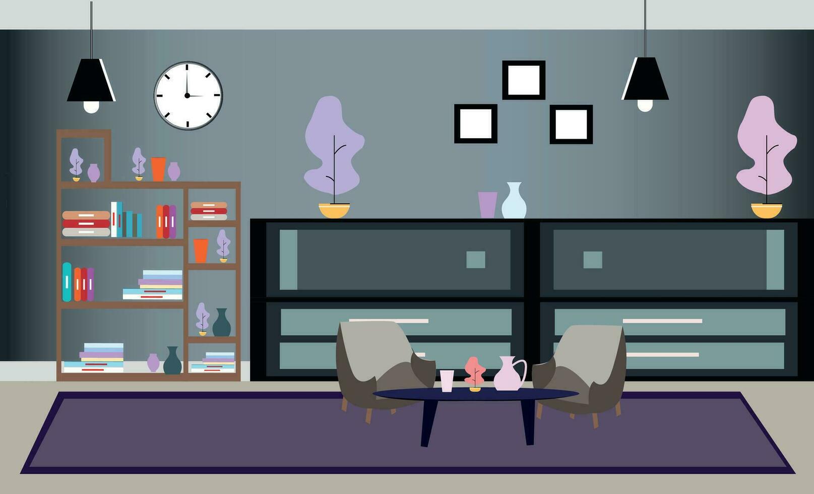 Vector room design sofa, bookcase, picture. Living room interior.Flat style vector illustration.