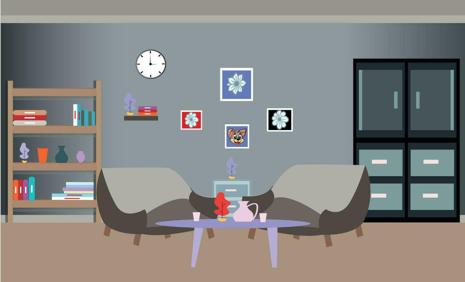Vector room design sofa, bookcase, picture. Living room interior.Flat style vector illustration.