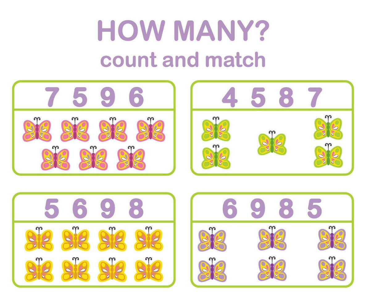 Math game for kids. Count cute butterflies. Printable worksheets. vector