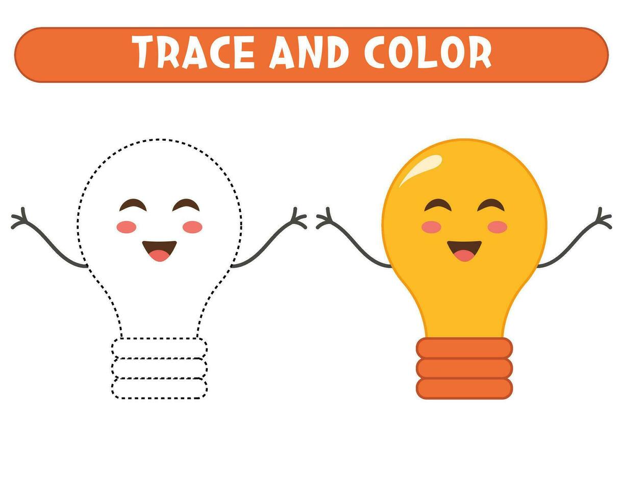 Trace and color cute cartoon lamp. Worksheet for kids vector