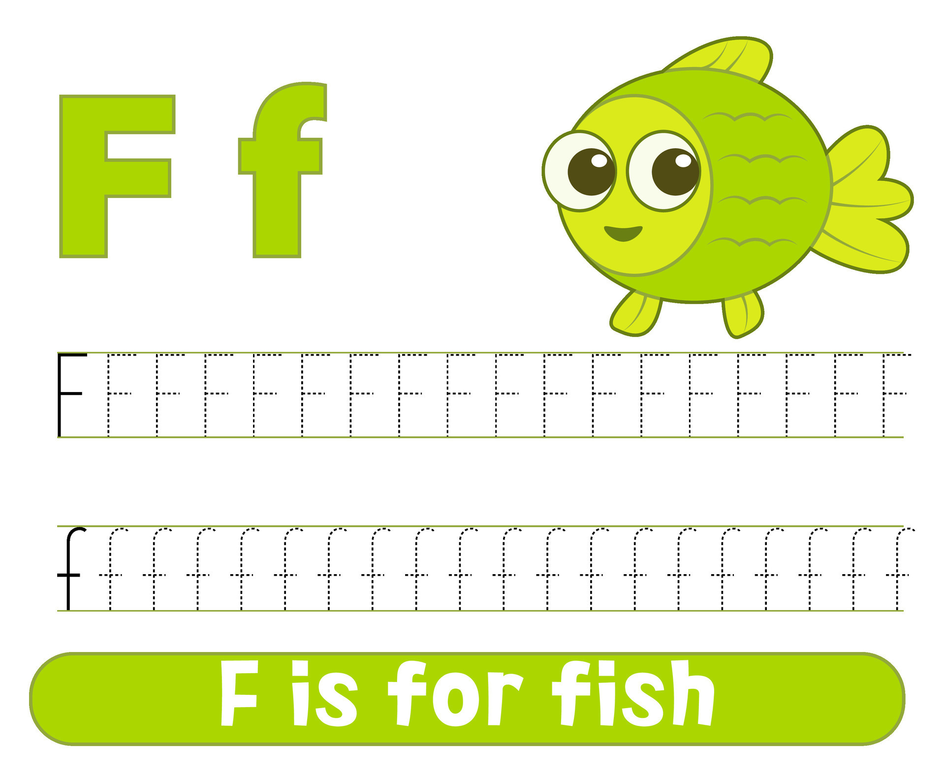 Tracing alphabet letter f with cute fish. Worksheet for children