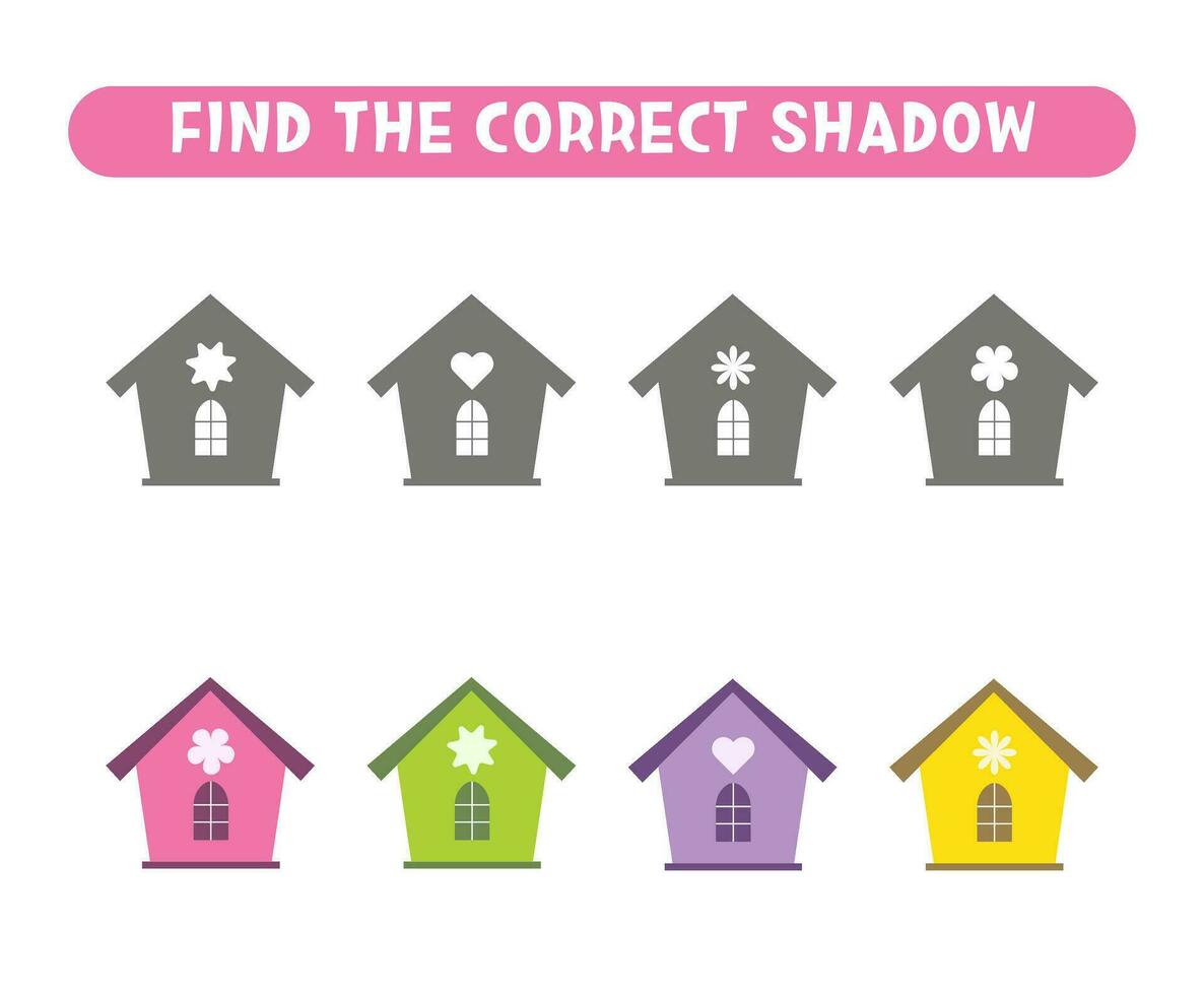 Find the correct shadows for birdhouses. Educational game. Worksheets for kids vector