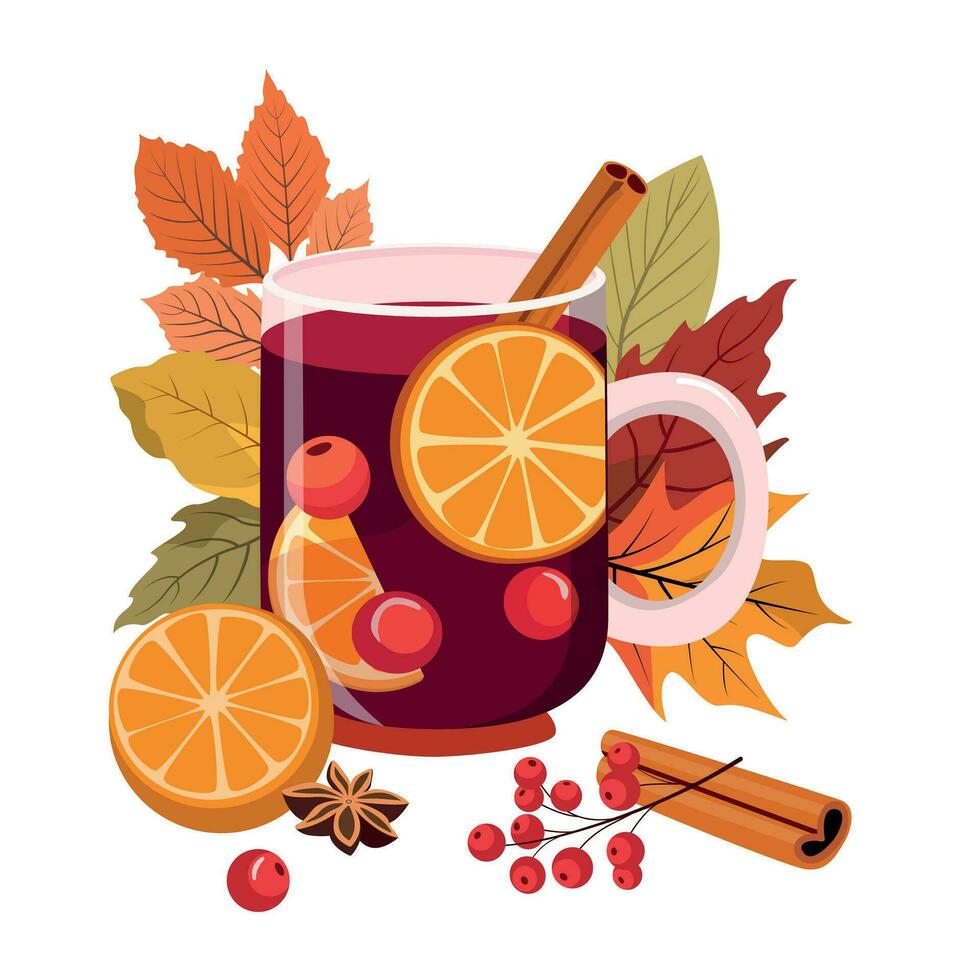 otoño caliente reflexionado vino en un vaso jarra con naranja rebanada, canela palo, y bayas hojas ilustración. otoño estacional bebida con hojas. linda saludo tarjeta, tarjeta postal diseño. vector