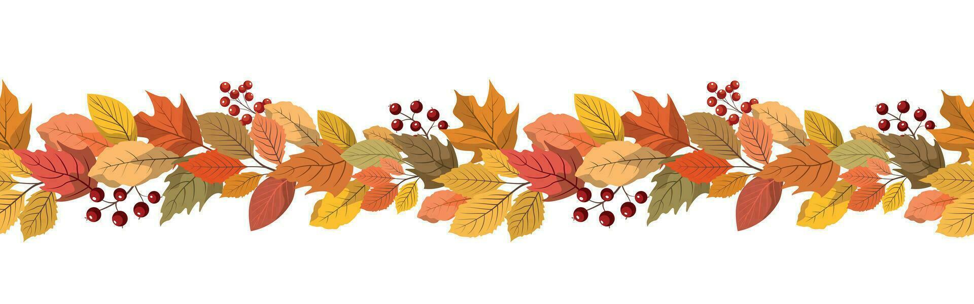 Autumn forest leaves and berries horizontal seamless border. Great design for Thanksgiving day, harvest holiday. Isolated on white background. vector