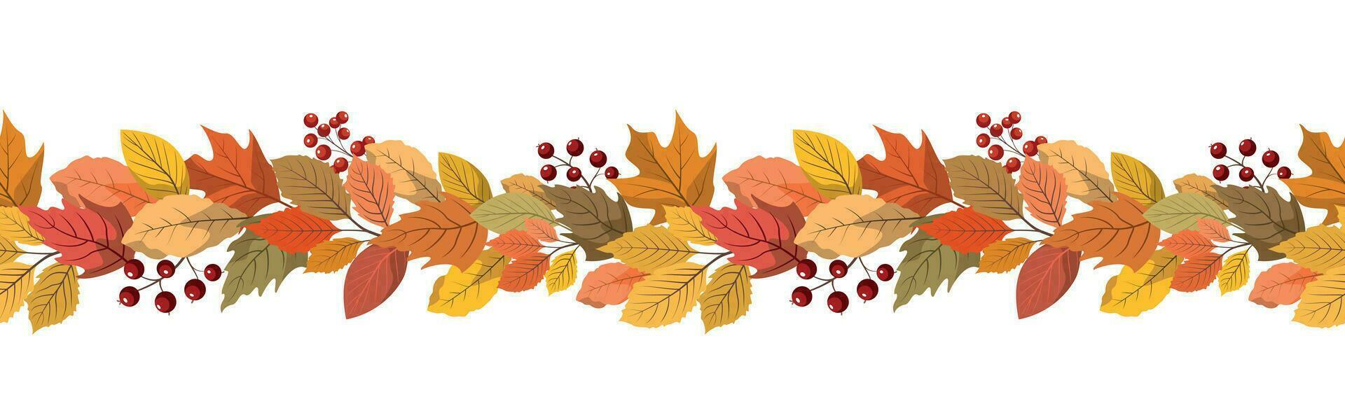 Autumn forest leaves and berries horizontal seamless border. Great design for Thanksgiving day, harvest holiday. Isolated on white background. vector