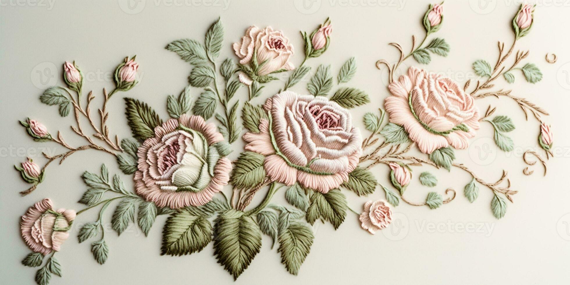 Generative AI, embroidered shabby chic baroque light pink roses pattern.  Floral print on silk background photo