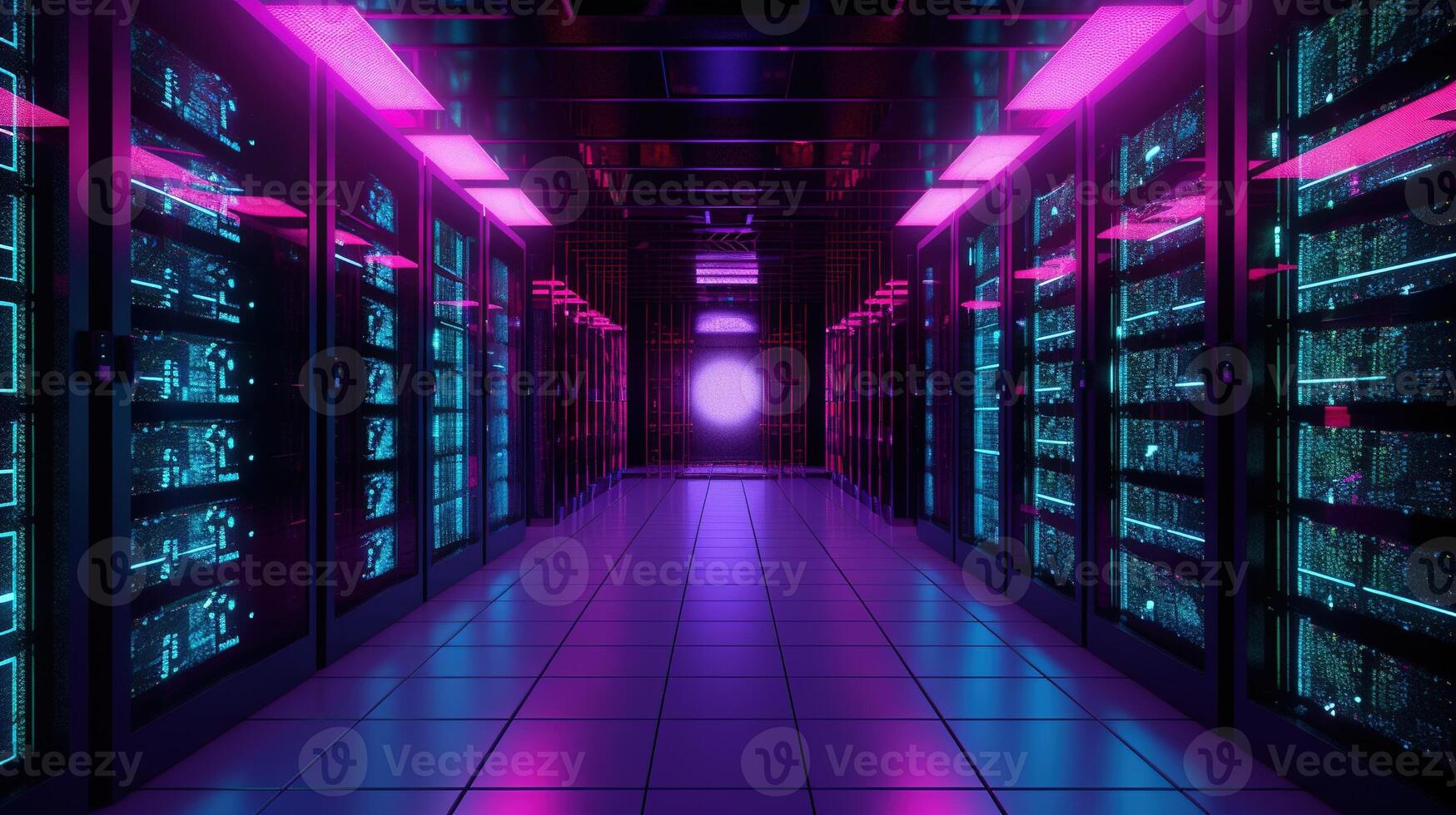 Generative AI, Data Center, modern high technology server room in purple neon colors. Modern telecommunications, cloud computing, artificial intelligence, database. photo