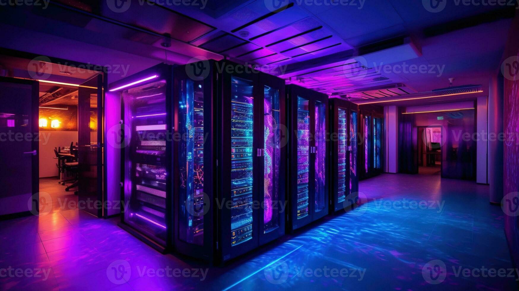 Generative AI, Data Center, modern high technology server room in purple neon colors. Modern telecommunications, cloud computing, artificial intelligence, database. photo