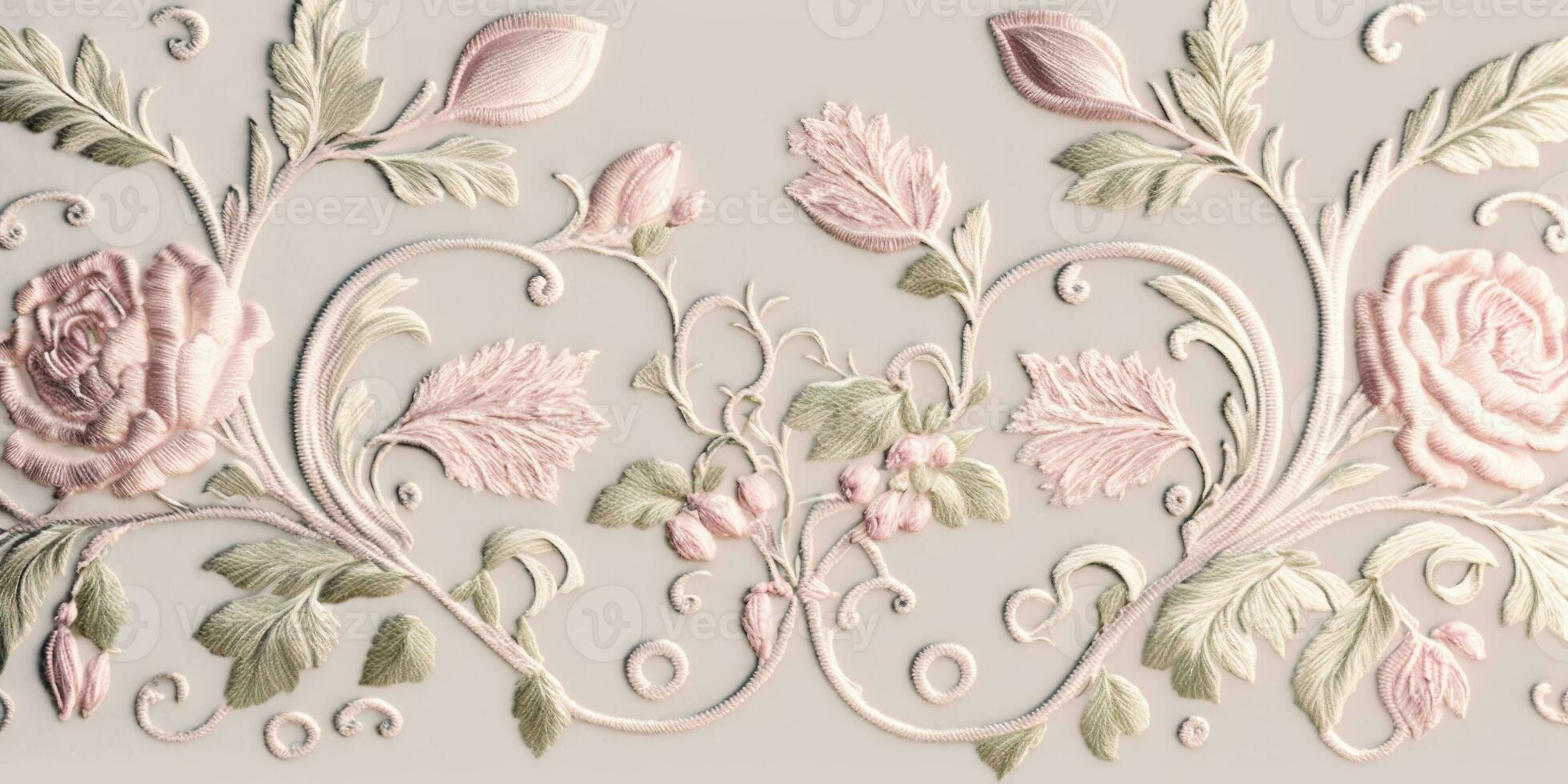 generativo ai, bordado desgastado elegante barroco ligero rosado rosas modelo. floral impresión en seda antecedentes foto