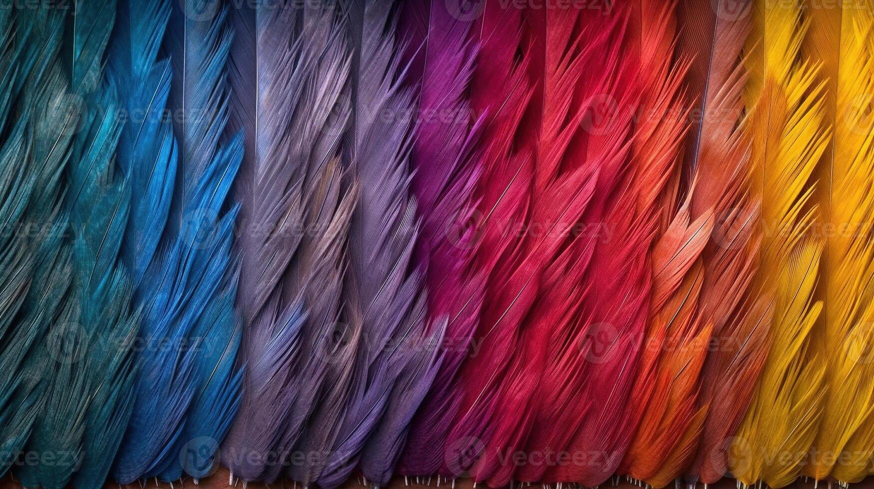 Generative AI, Beautiful rainbow colorful closeup feathers, photorealistic background, top view, aerial view. Small fluffy, inspired by Andreas Gursky and Andy Goldsworthy photo