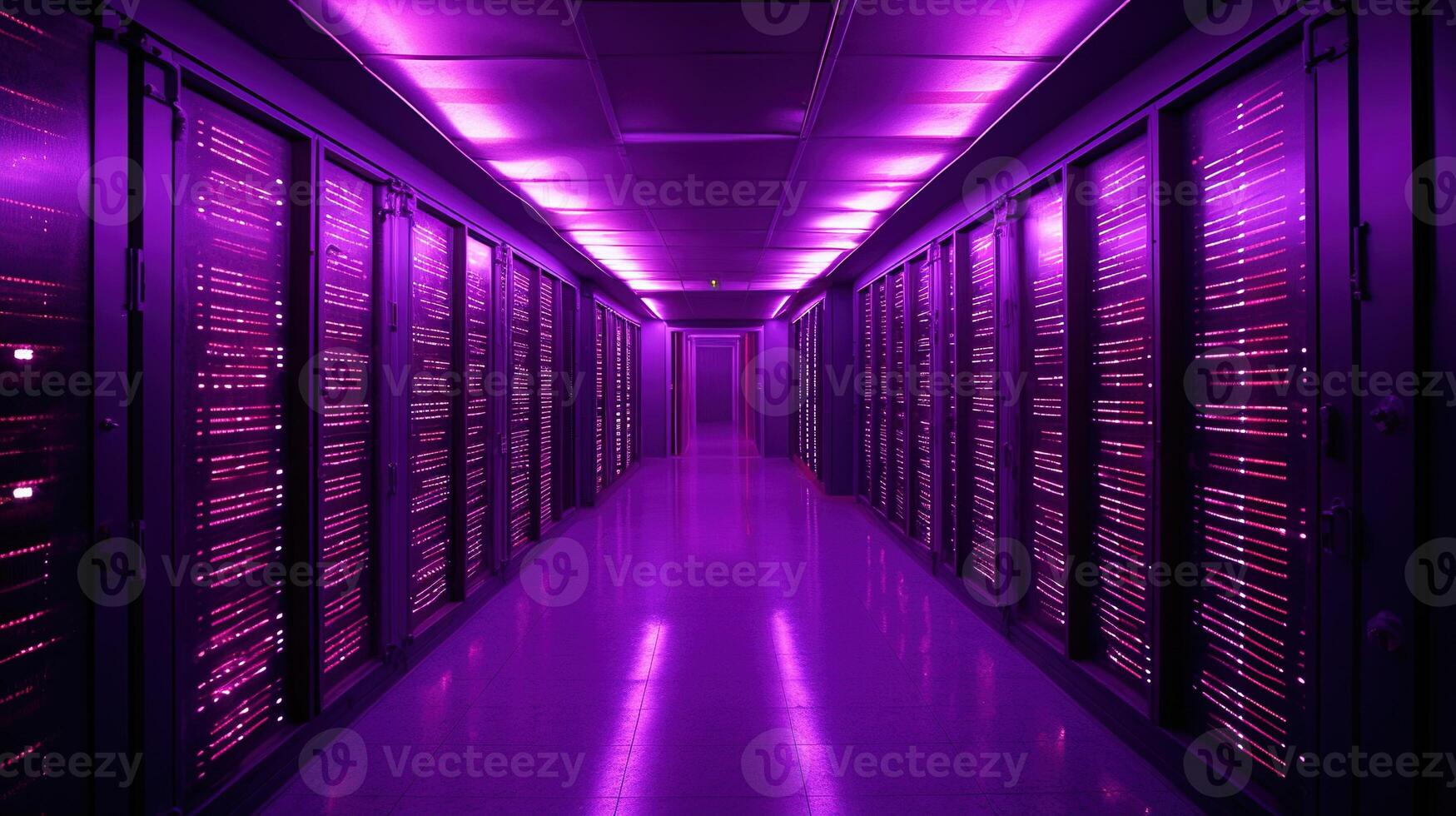 Generative AI, Data Center, modern high technology server room in purple neon colors. Modern telecommunications, cloud computing, artificial intelligence, database. photo