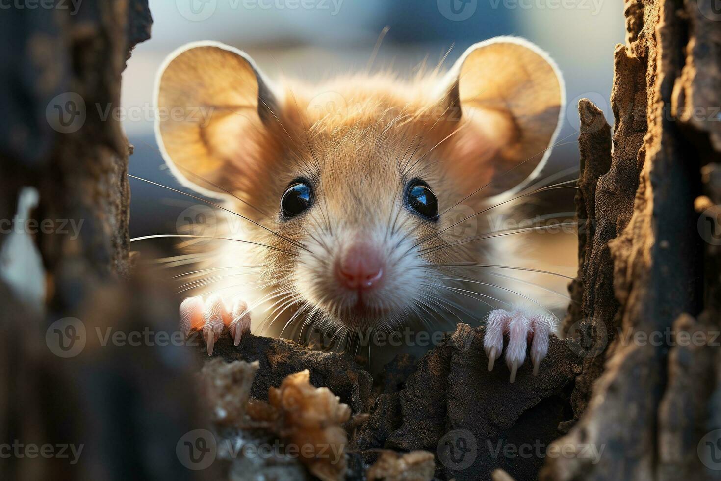 Mouse looks out of a hole, a rodent in a field. Generative AI photo