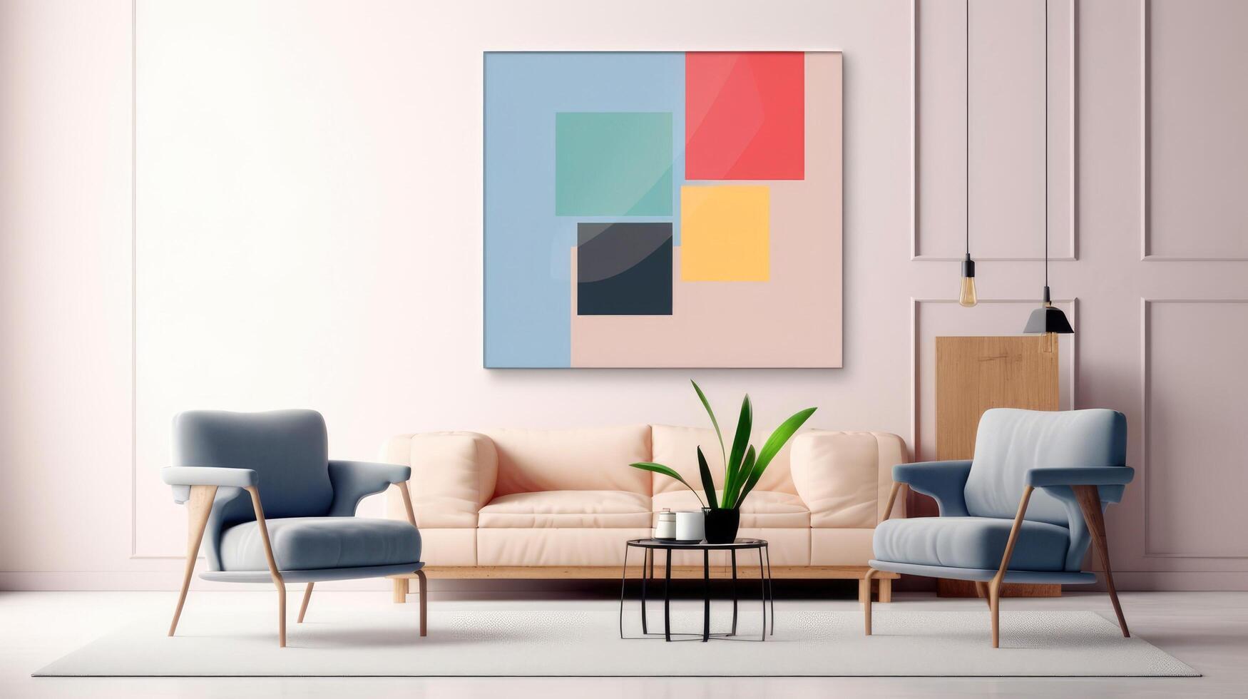 Stylish living room interior design with mock up poster frame, creative home accessories. Home staging. Copy space, illustration photo