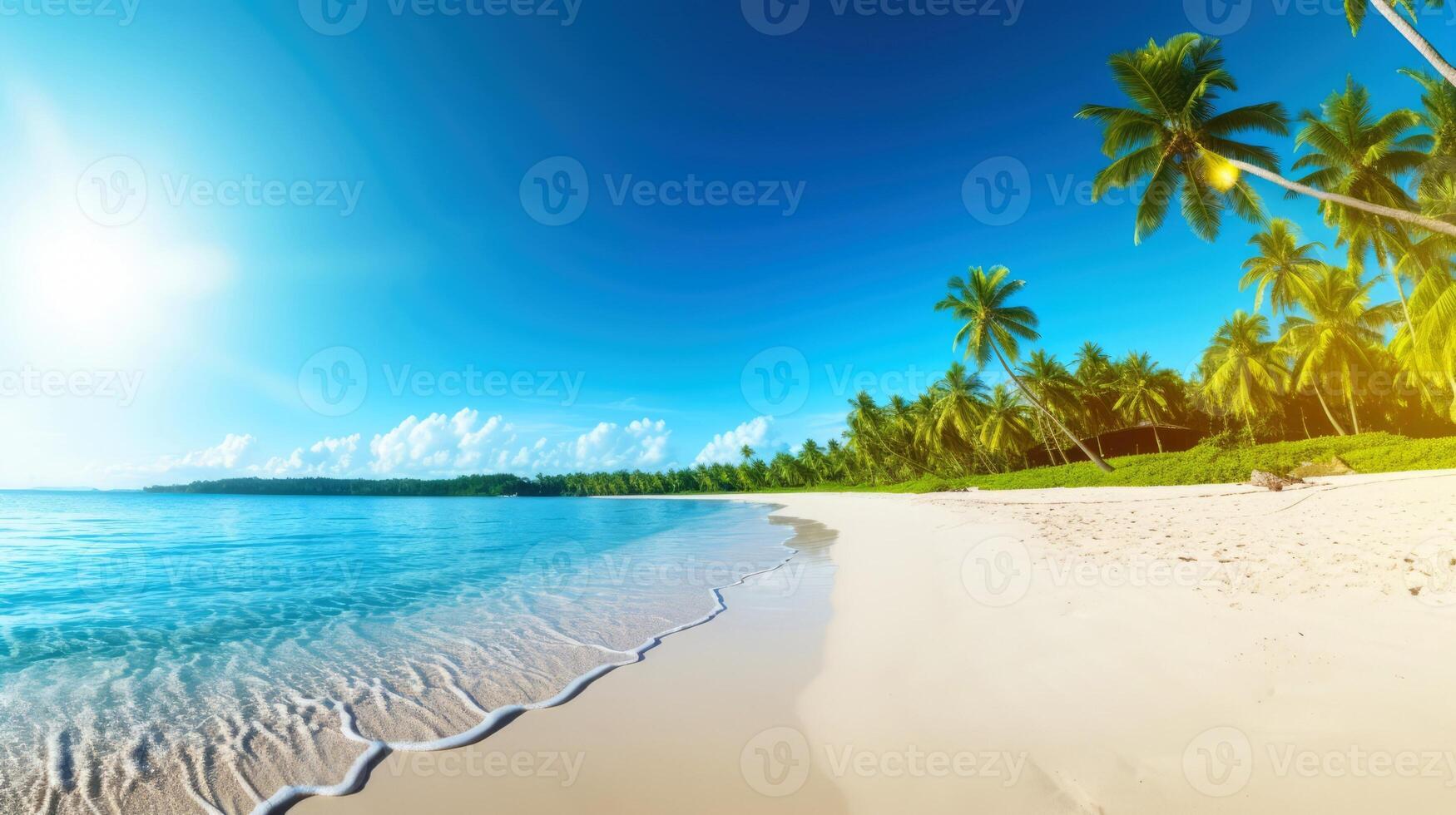 Illustration image, beach scene with crystal-clear turquoise waters, powdery white sand, palm leaves, sparkling waves and blue sunny sky, with copy space, illustration photo