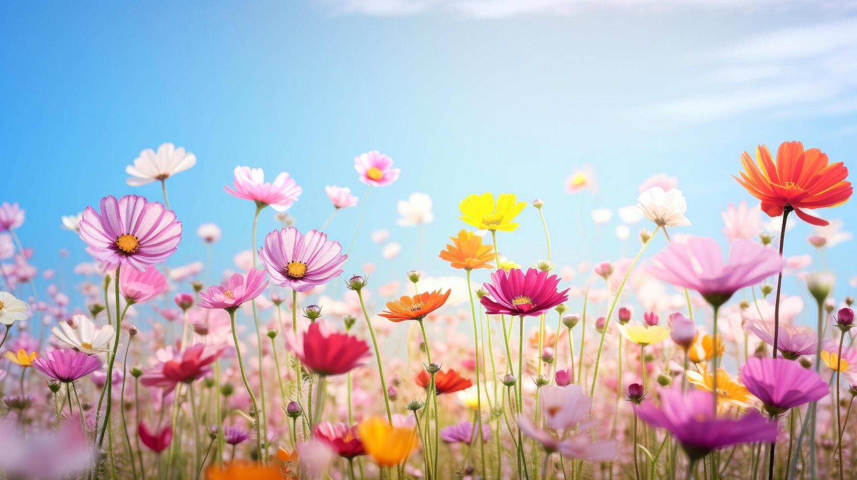 Nature floral background in early summer. Colorful natural spring landscape with with flowers, soft selective focus, Generative AI illustration photo