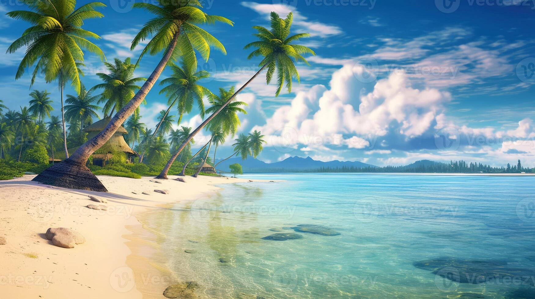 Illustration image, beach scene with crystal-clear turquoise waters, powdery white sand, palm leaves, sparkling waves and blue sunny sky, with copy space, illustration photo