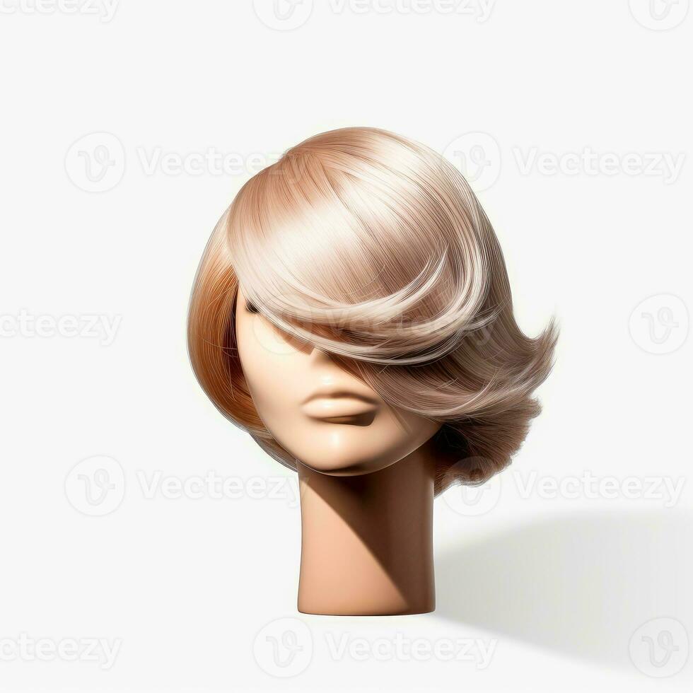 Hair wig over the plastic mannequin head isolated over the white background, mockup featuring contemporary women's hairstyles, Generative AI illustration photo