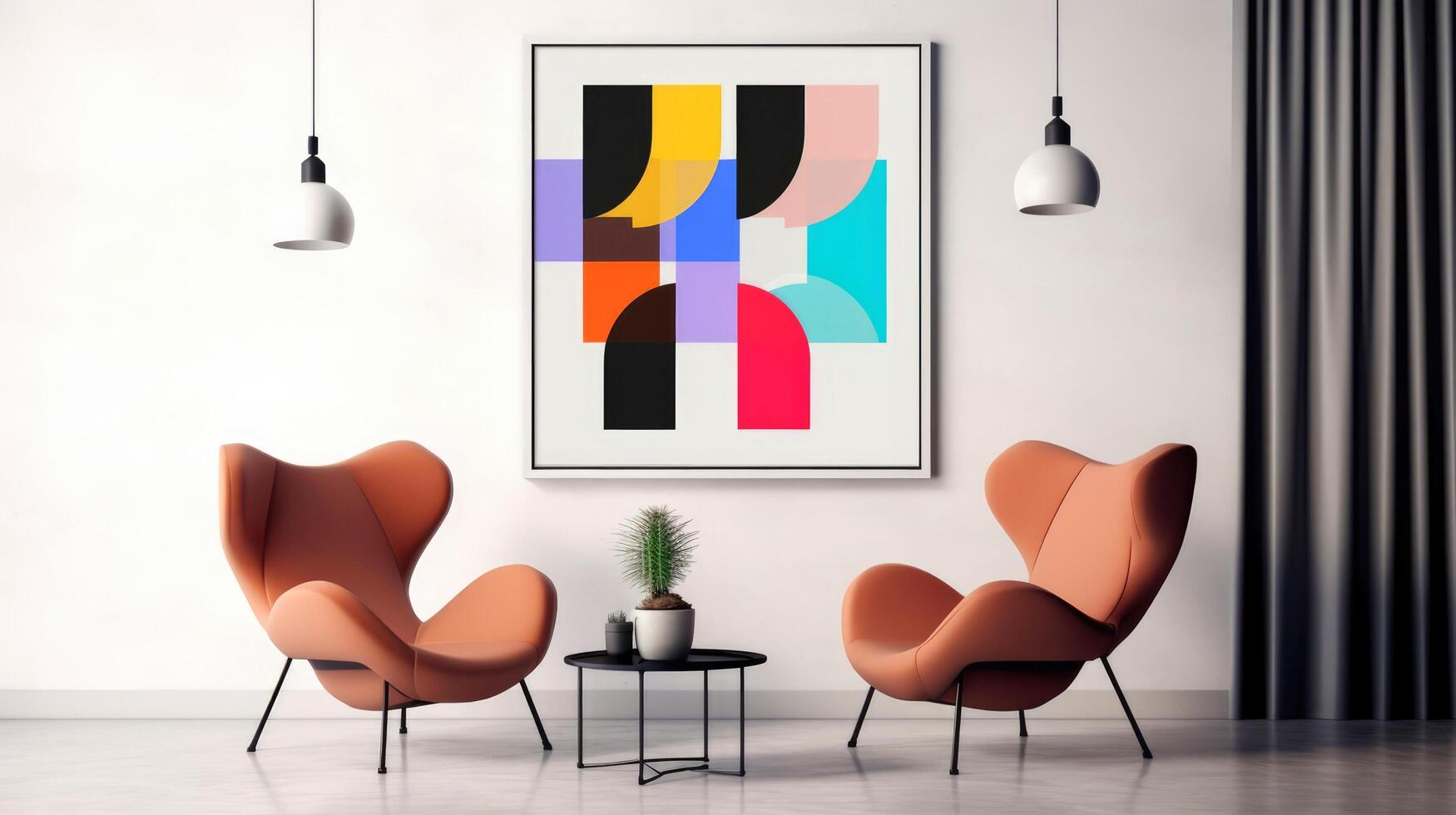 Stylish living room interior design with mock up poster frame, creative home accessories. Home staging. Copy space, illustration photo