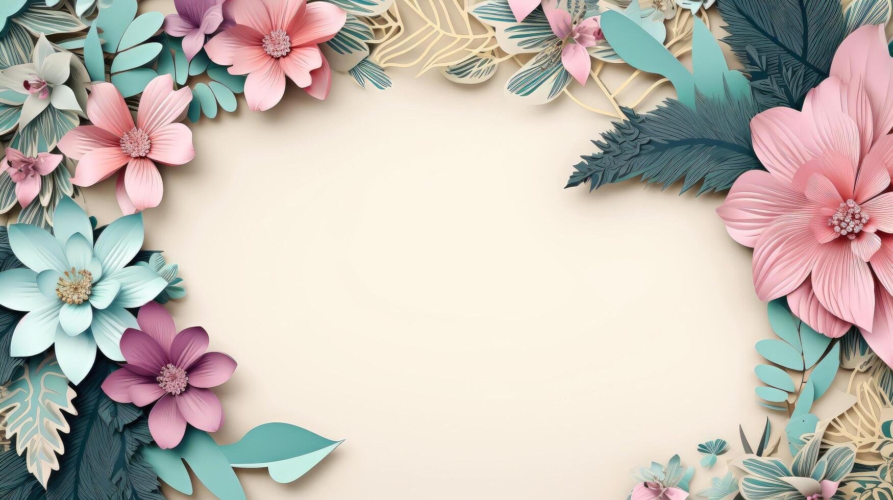 Floral border frame card template. multicolor flowers, leaves, for banner, wedding card. Springtime composition with copy-space, illustration photo